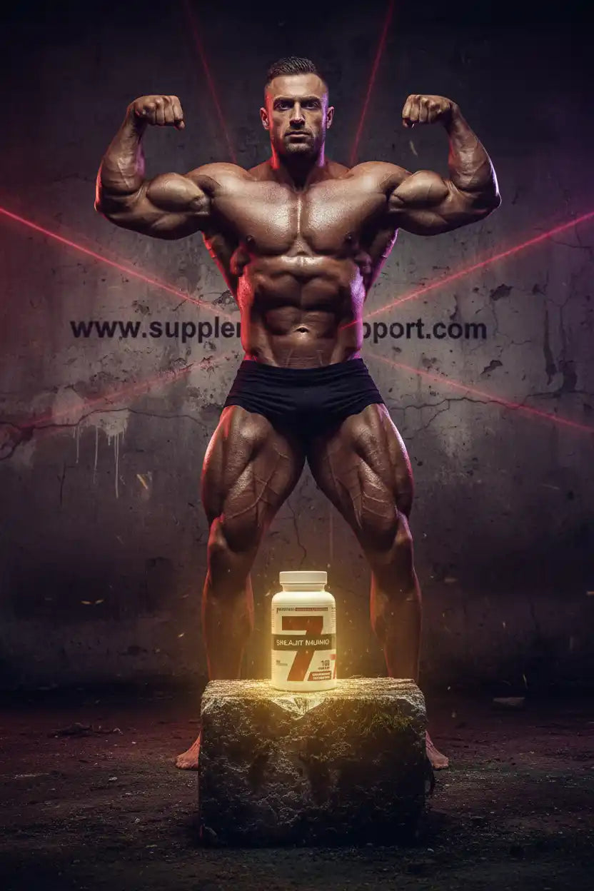 Muskulöser Bodybuilder posiert mit Nahrungsergänzungsmittel-Flasche, Fitness, Muskelaufbau, Sportnahrung