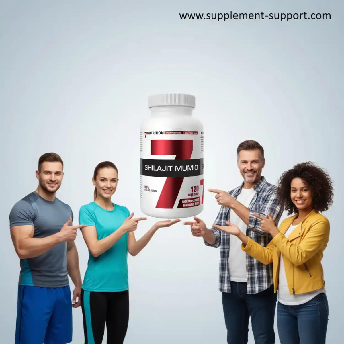 Vier Menschen zeigen auf eine Dose Shilajit Mumio Nahrungsergänzungsmittel.