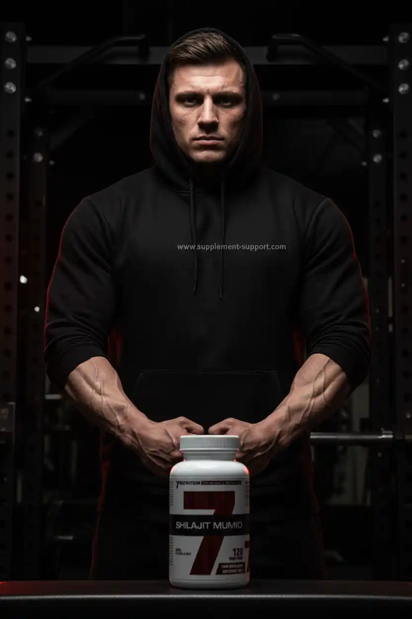 Muskulöser Mann mit Shilajit Mumio Supplement in Fitnessstudio