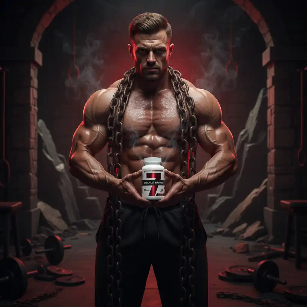 Muskulöser Athlet mit Ketten hält Nahrungsergänzungsmittel für Krafttraining und Fitness