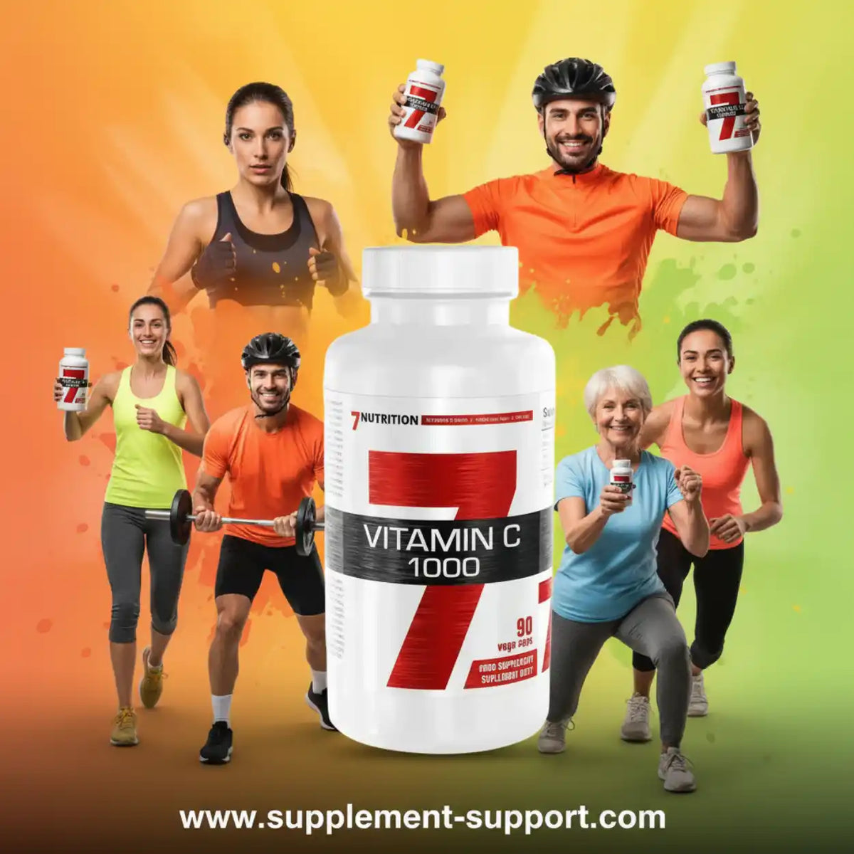 7Nutrition Vitamin C 1000 Nahrungsergänzungsmittel mit aktiven Sportlern im Hintergrund.