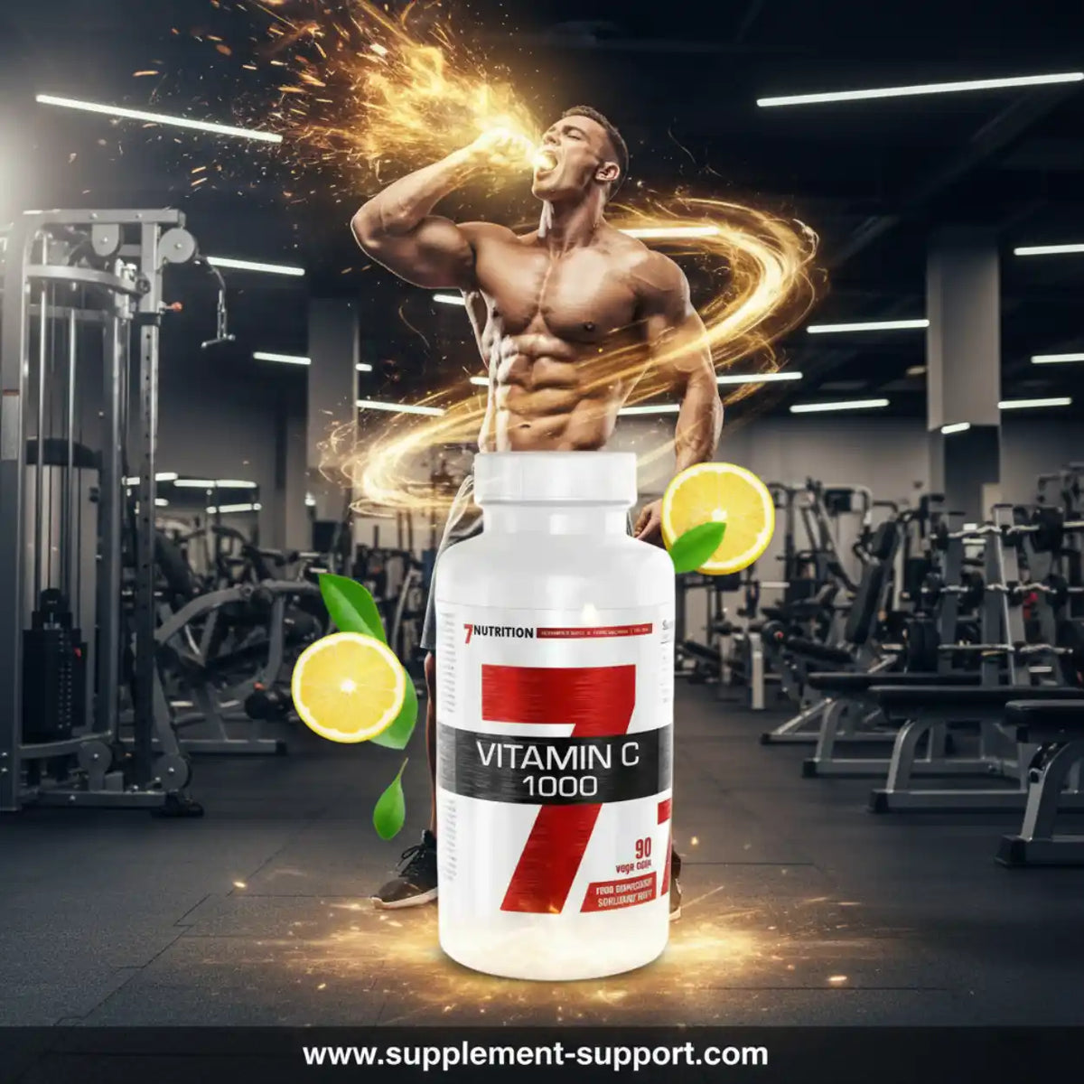Vitamin C 1000 Nahrungsergänzung mit frischen Zitronen vor einem muskulösen Sportler im Fitnessstudio.