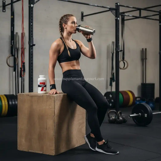 Sportlerin trinkt aus Shaker im Fitnessstudio neben Nahrungsergänzungsmittel-Flasche