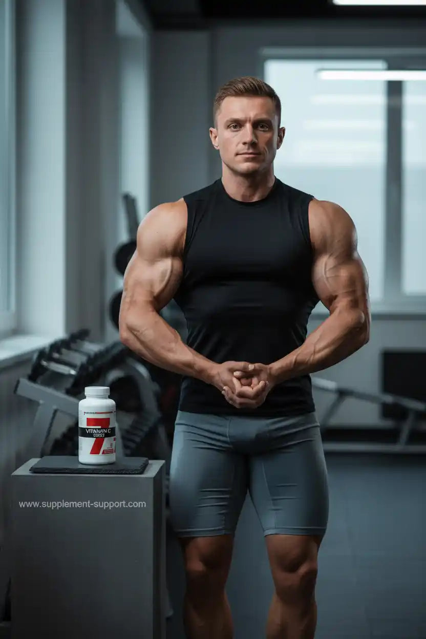 Muskulöser Athlet im Fitnessstudio mit Vitamin C Supplement für Sportler und Fitness