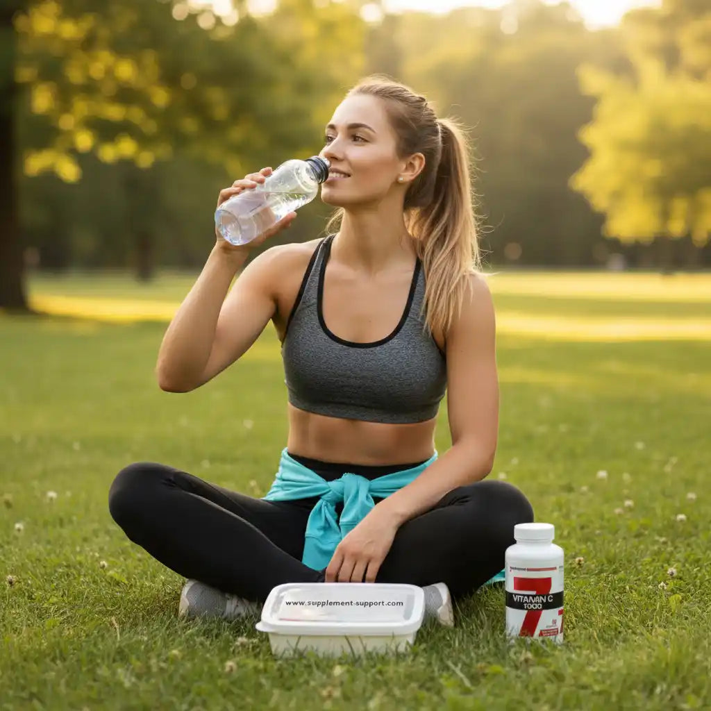 Frau trinkt Wasser im Park mit Vitamin C 1000 Supplement und Fitnessbox – ideal für Sportler & Fitness