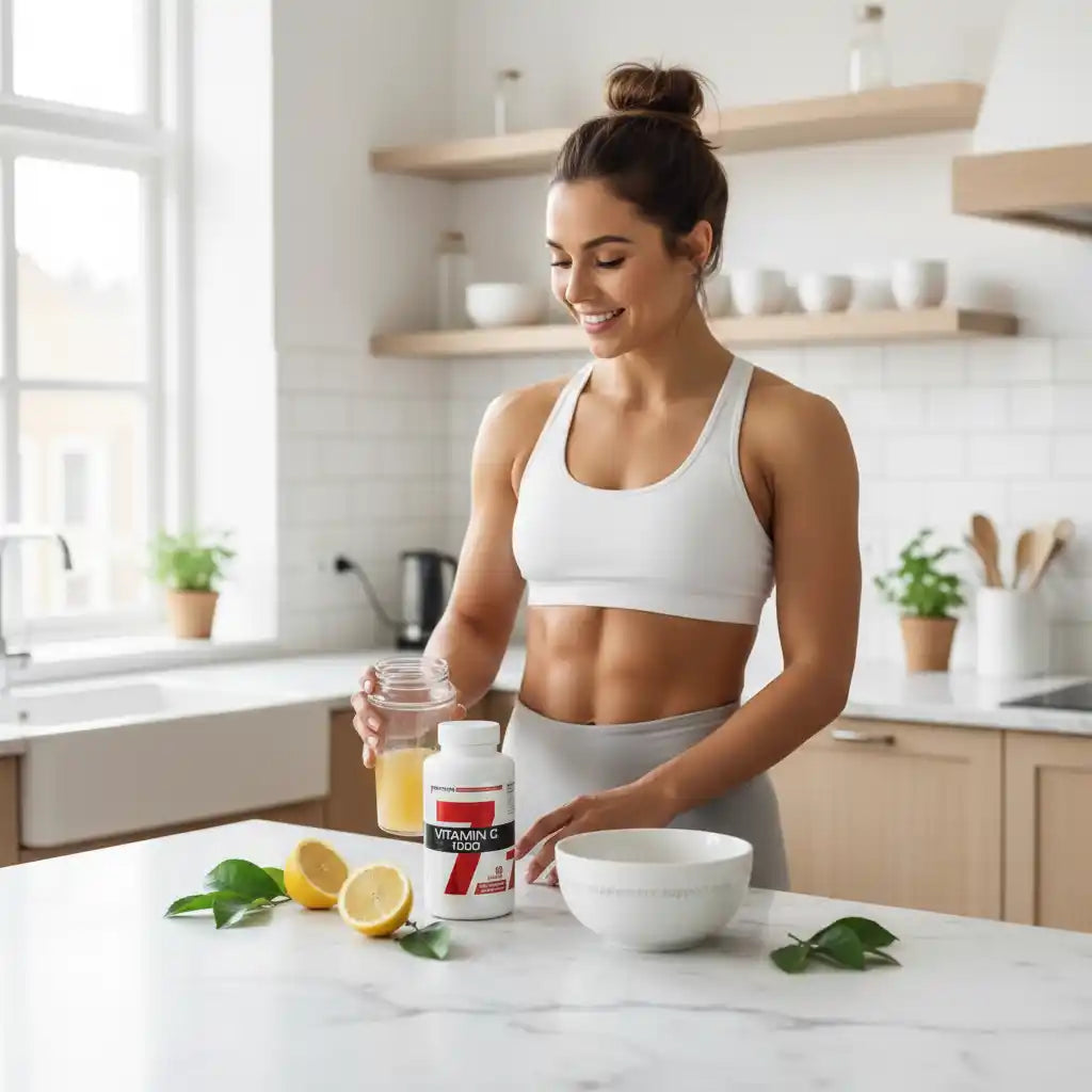 Frau mit Vitamin C 1000 mg in der Küche, gesunde Ernährung & Sportnahrung für Fitness und Wohlbefinden