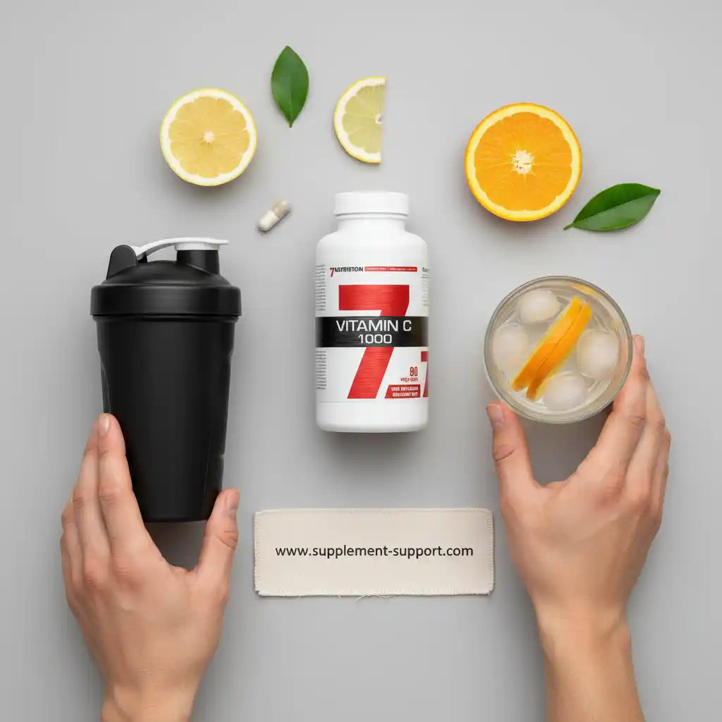 Vitamin C 1000 mg Kapseln mit Shaker und Orangenscheibe – Nahrungsergänzung für Sportler