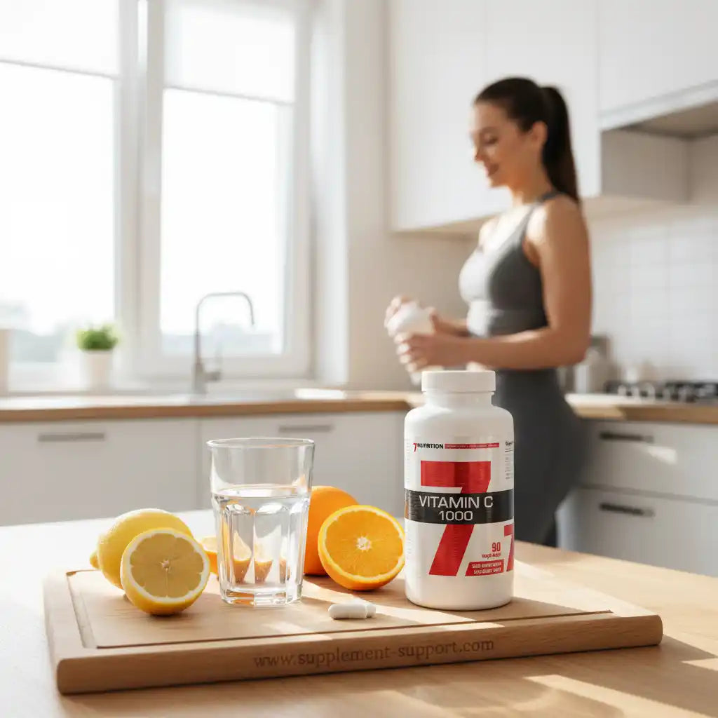 Vitamin C 1000 mg Tablette mit Zitrone, Orange und Wasser auf Holzbrett in Küche – Nahrungsergänzung für Sportler