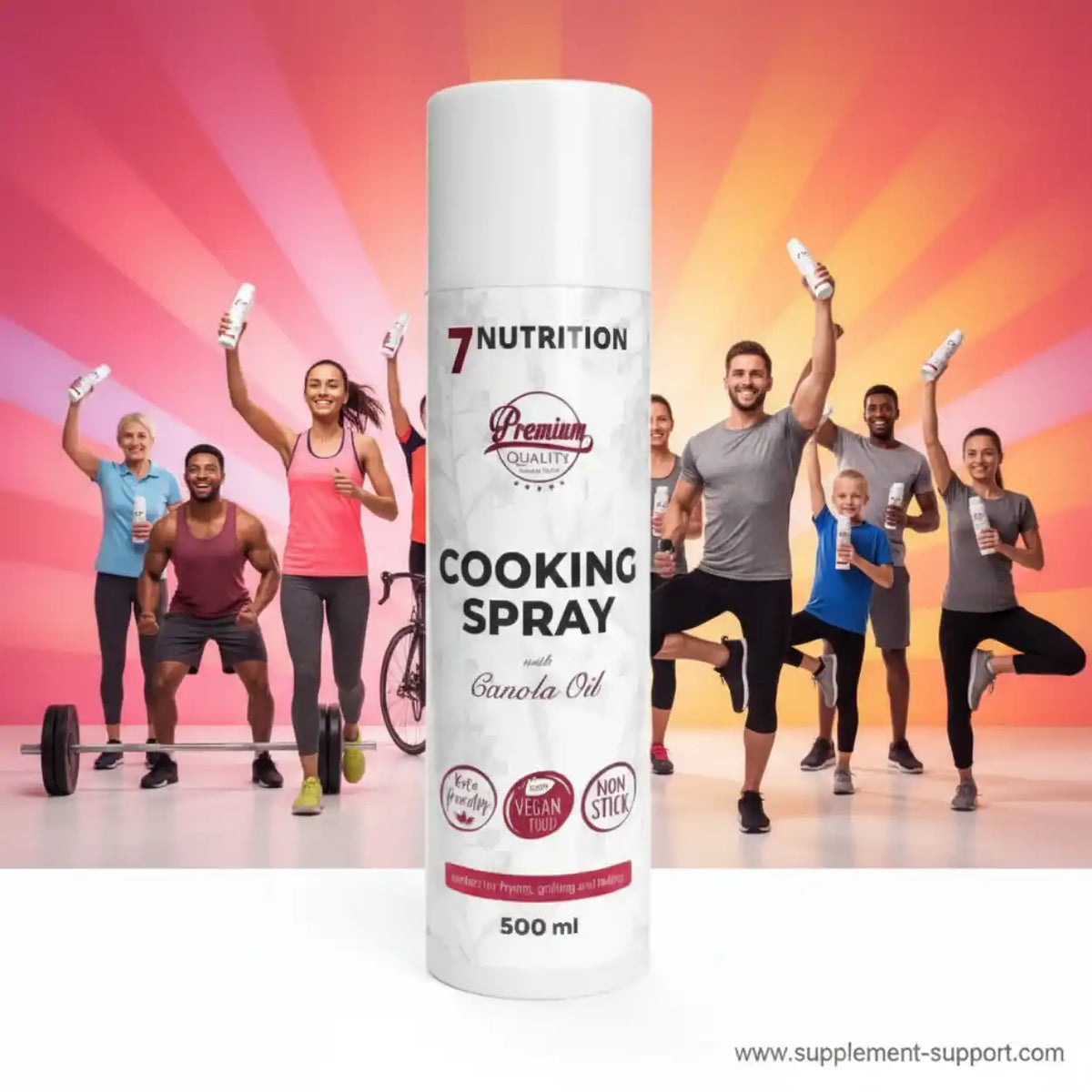 7 Nutrition Cooking Spray mit Canola Öl für Sportler vor einem sportlichen Hintergrund