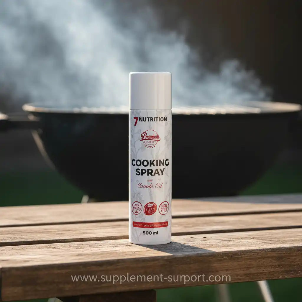 7Nutrition Kochspray mit Rapsöl, vegan und antihaftend, 500 ml auf Holztisch vor Grill