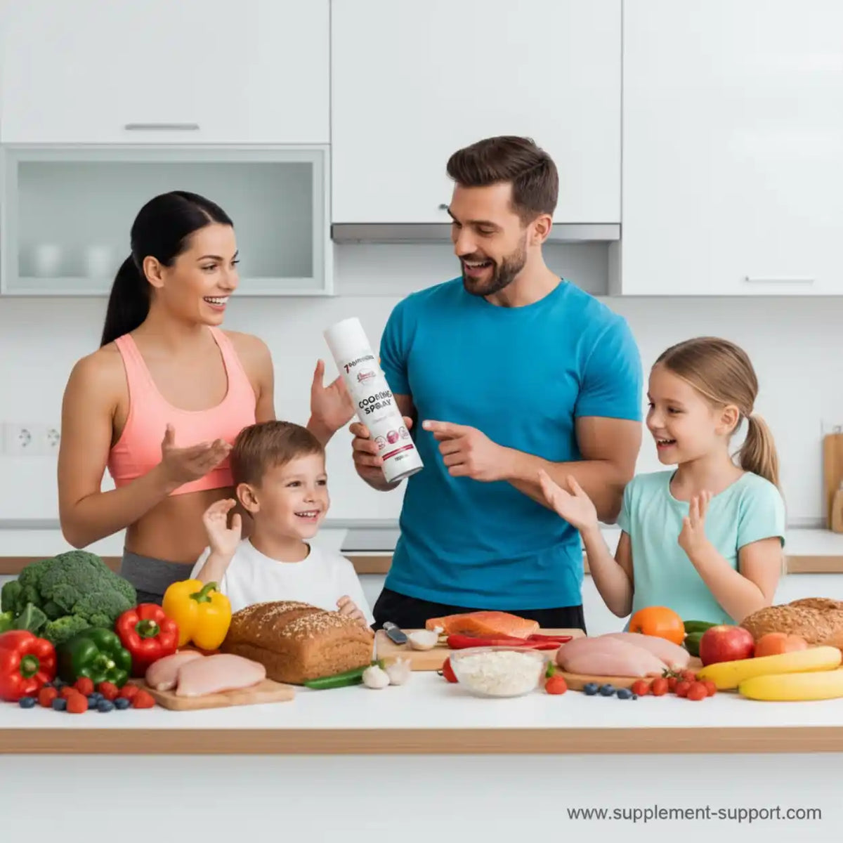 Fröhliche Familie in der Küche mit gesunden Lebensmitteln und Cooking Spray.