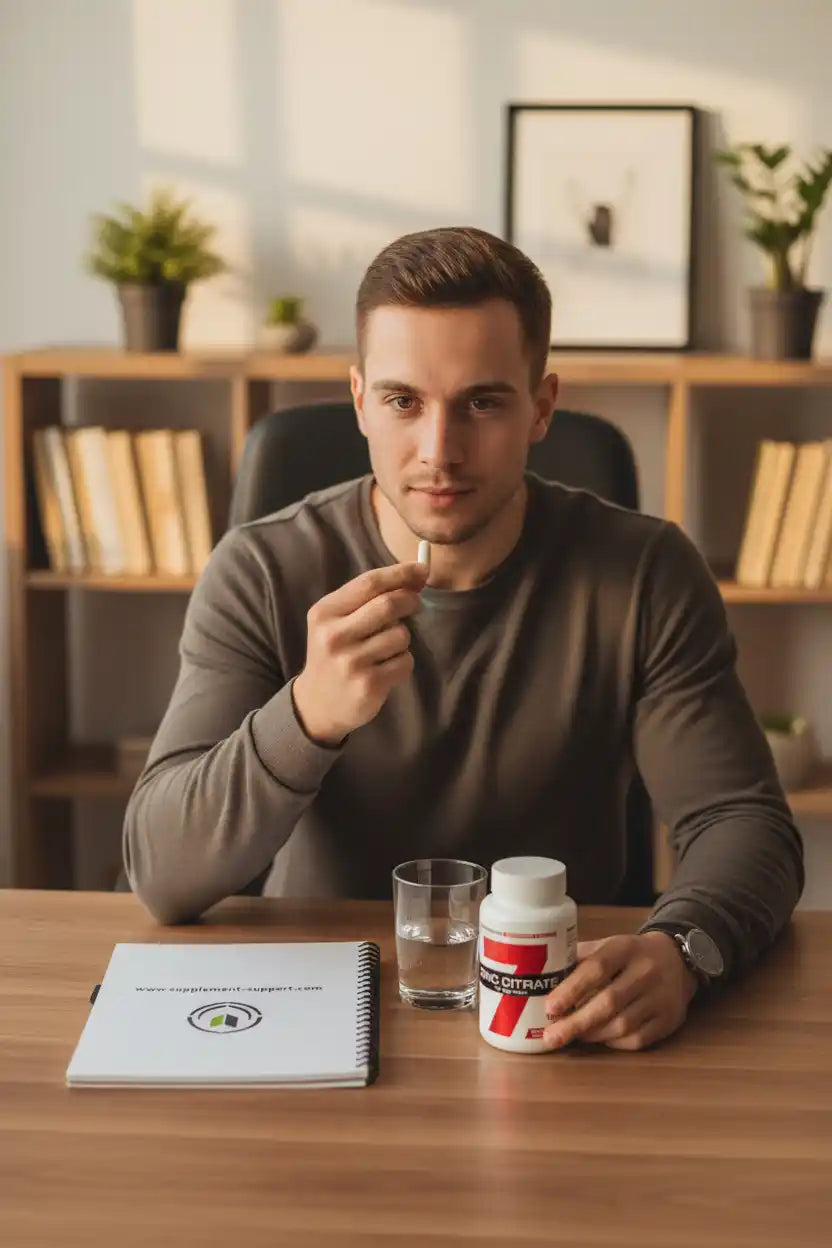 Mann nimmt Nahrungsergänzungsmittel-Pille mit Wasser ein, neben Citrat-Flasche und Notizbuch