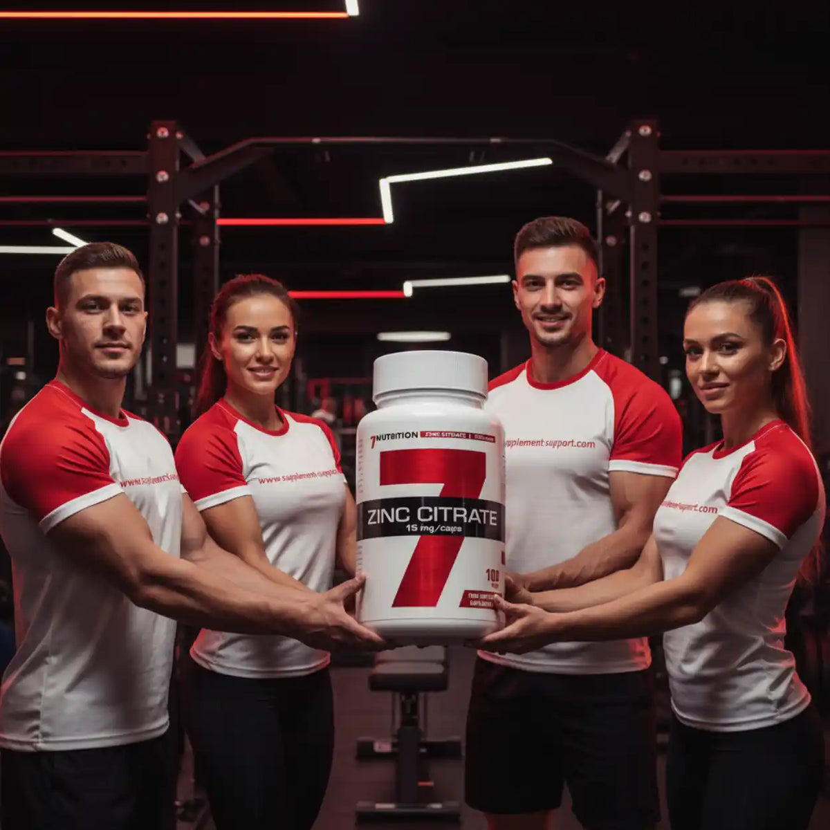 Vier Sportler halten eine Dose Zinkcitrat-Nahrungsergänzung in einem Fitnessstudio.