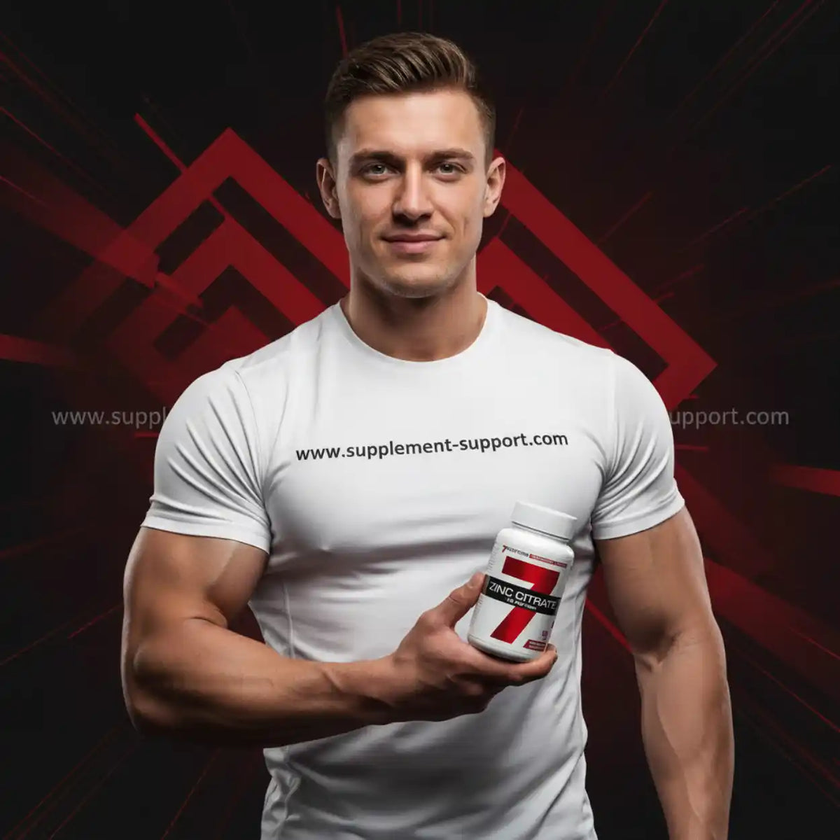 Muskulöser Mann in weißem T-Shirt hält eine Dose Zink Citrat Nahrungsergänzungsmittel.