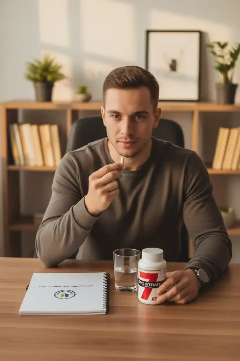 Mann nimmt Nahrungsergänzungsmittel-Pille mit Wasser ein, neben Citrat-Flasche und Notizbuch