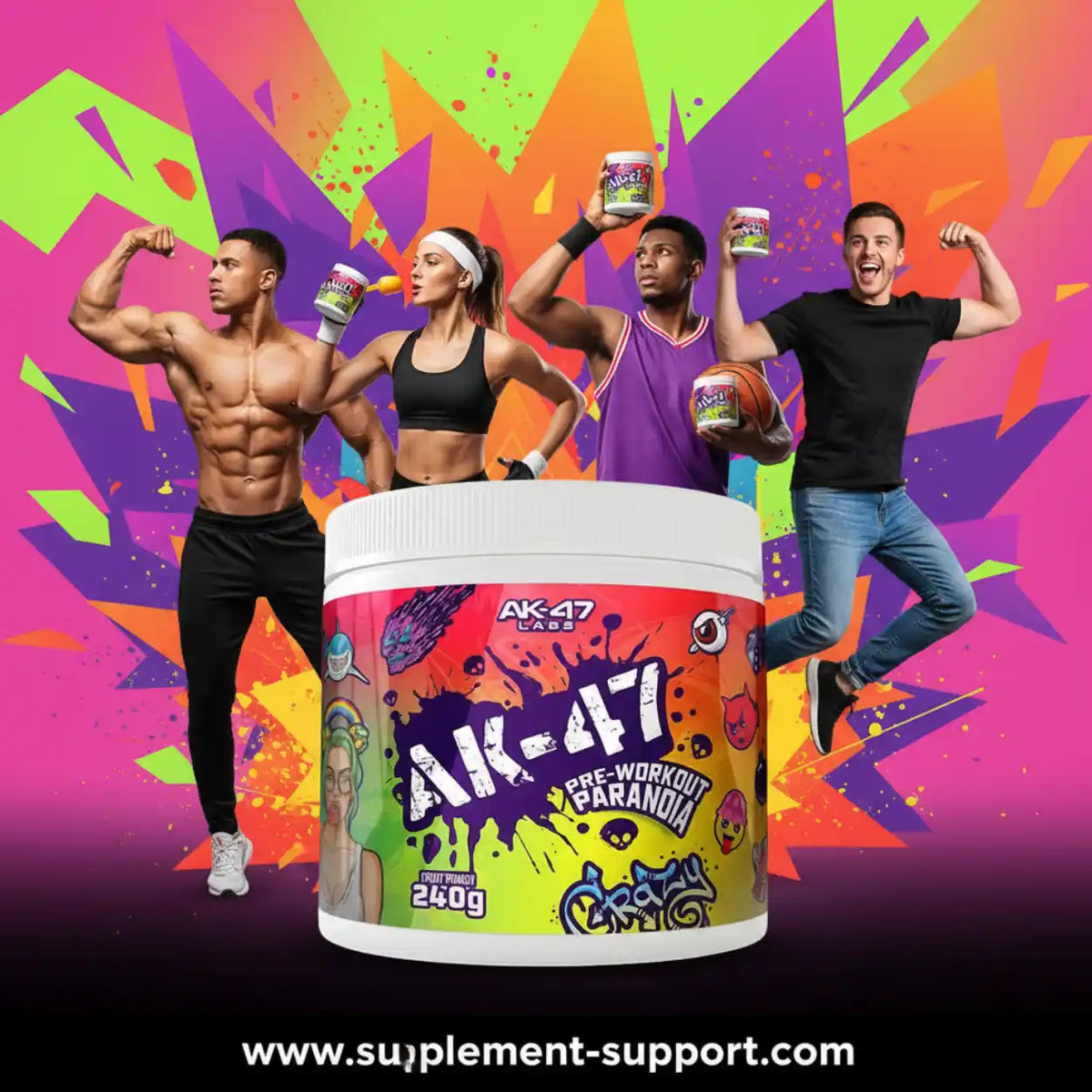 AK-47 Labs Pre-Workout Paranoia Supplement mit Sportlern vor farbenfrohem Hintergrund.