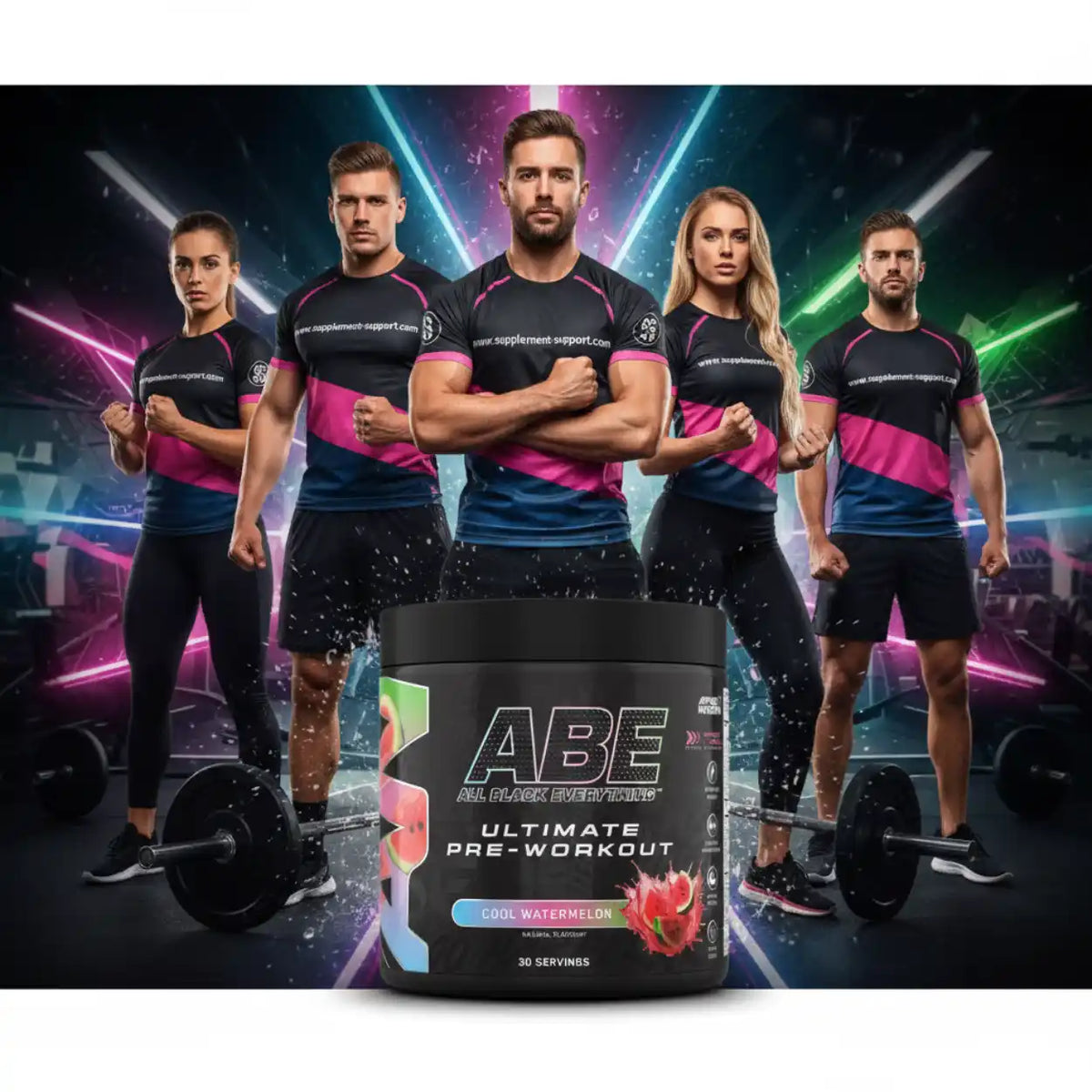 Applied Nutrition ABE Ultimate Pre-Workout Booster in Wassermelone mit fünf Fitness-Models.