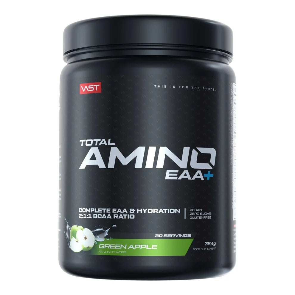 VAST® Total Amino EAA+ Hydration Supplement in grüner Apfel Geschmack, schwarze Dose.