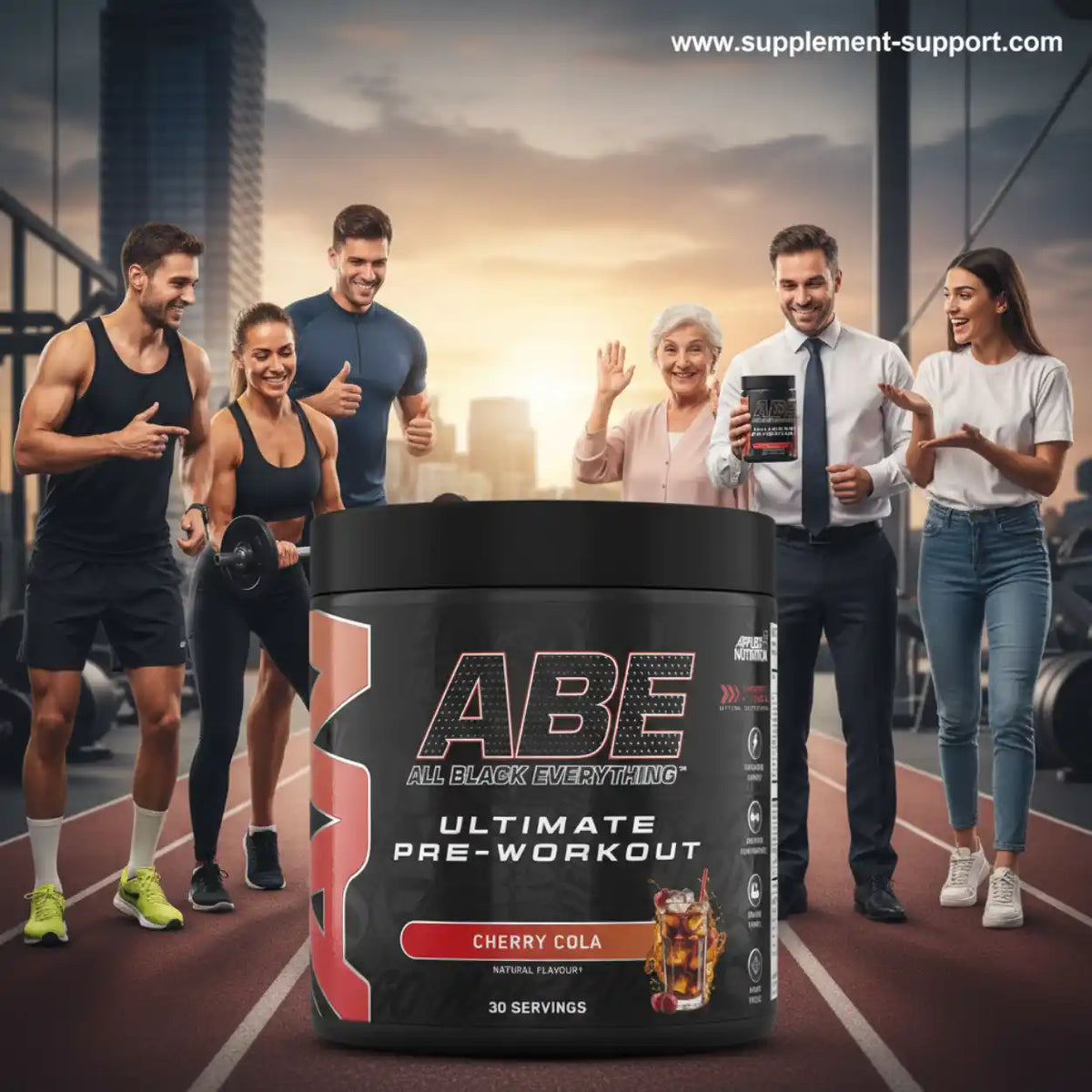 Applied Nutrition A.B.E. Ultimate Pre-Workout Booster in Cherry Cola Geschmack vor sportlichen Menschen.