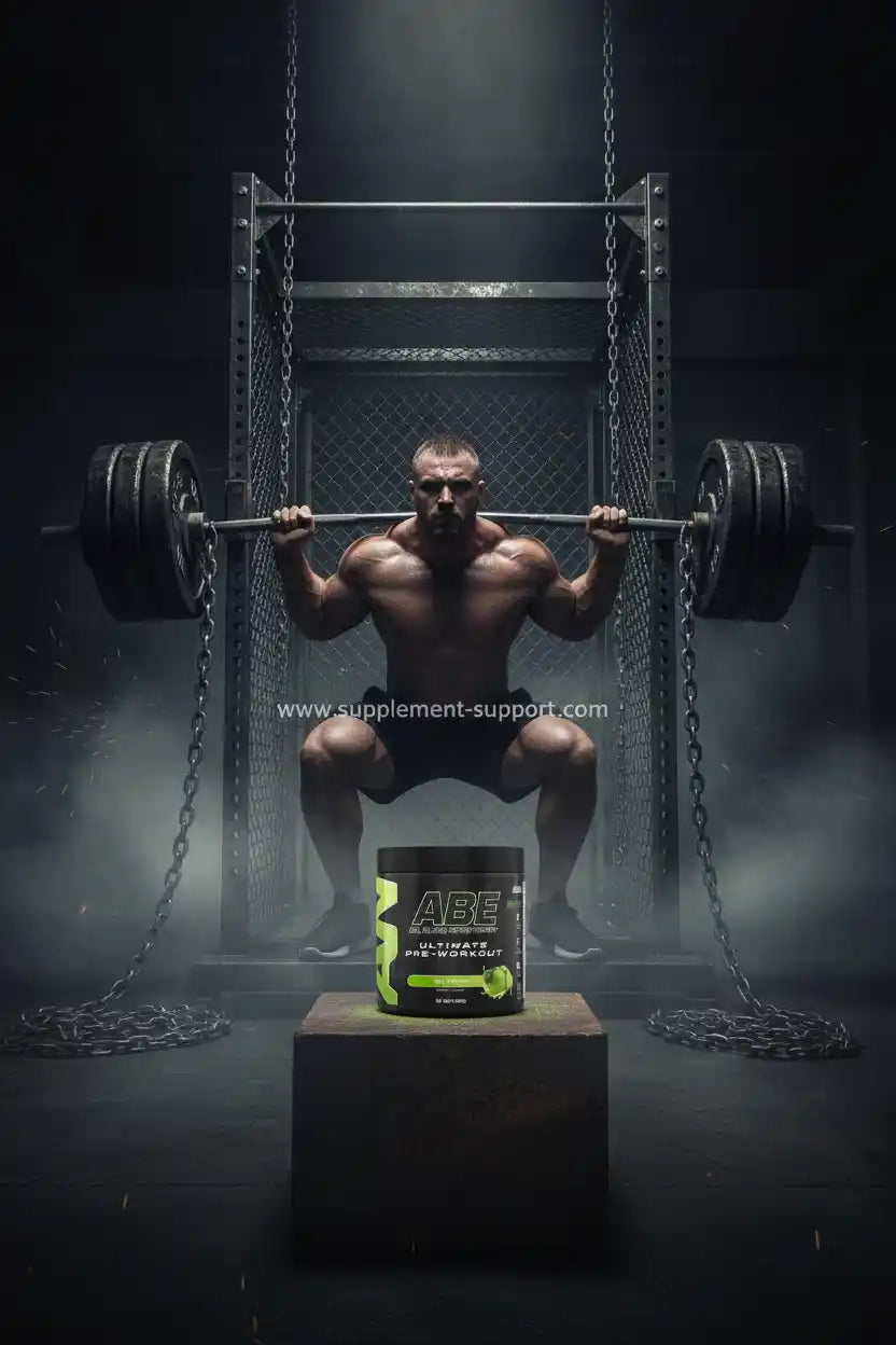 Muskulöser Athlet mit Barbell vor ABE Pre-Workout Dose im Fitnessstudio