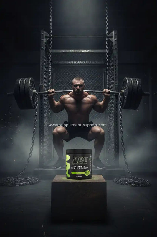 Muskulöser Athlet mit Barbell vor ABE Pre-Workout Dose im Fitnessstudio
