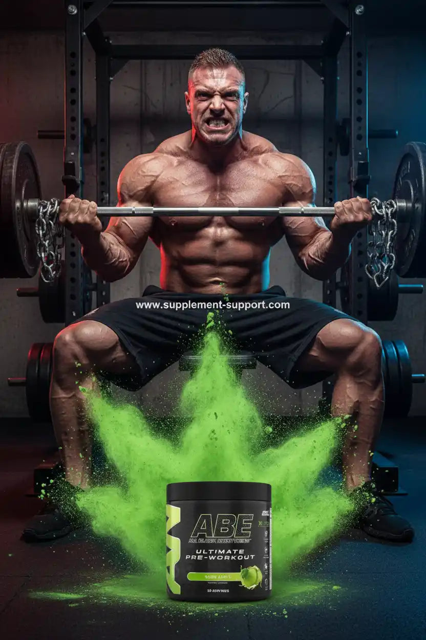 Muskulöser Athlet mit ABE Ultimate Pre-Workout Pulver, grüner Explosion im Fitnessstudio
