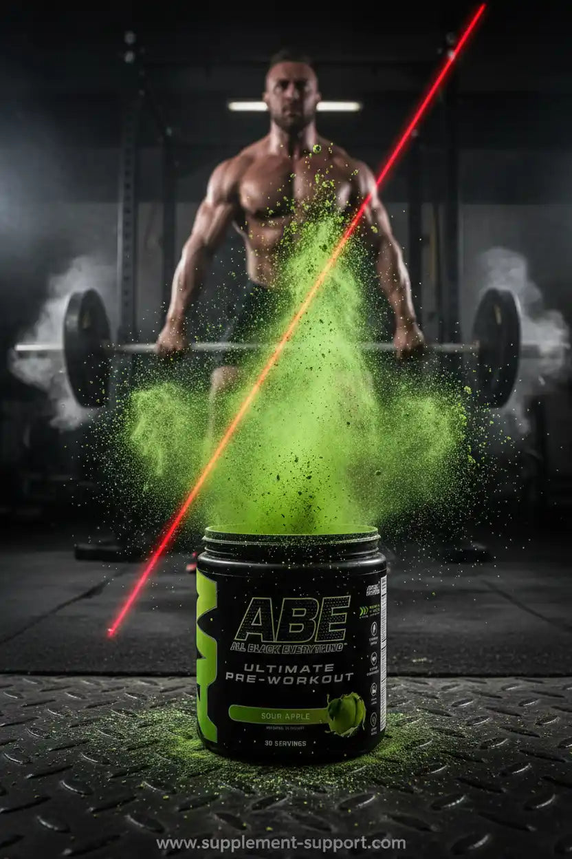 ABE Ultimate Pre-Workout in Sour Apple Geschmack, grüner Pulver-Spray vor Muskelmann im Fitnessstudio