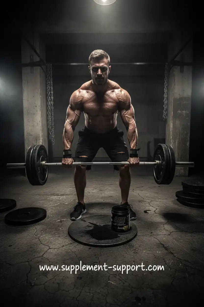 Muskulöser Mann beim Gewichtheben mit Barbell im Fitnessstudio, Nahrungsergänzung im Vordergrund