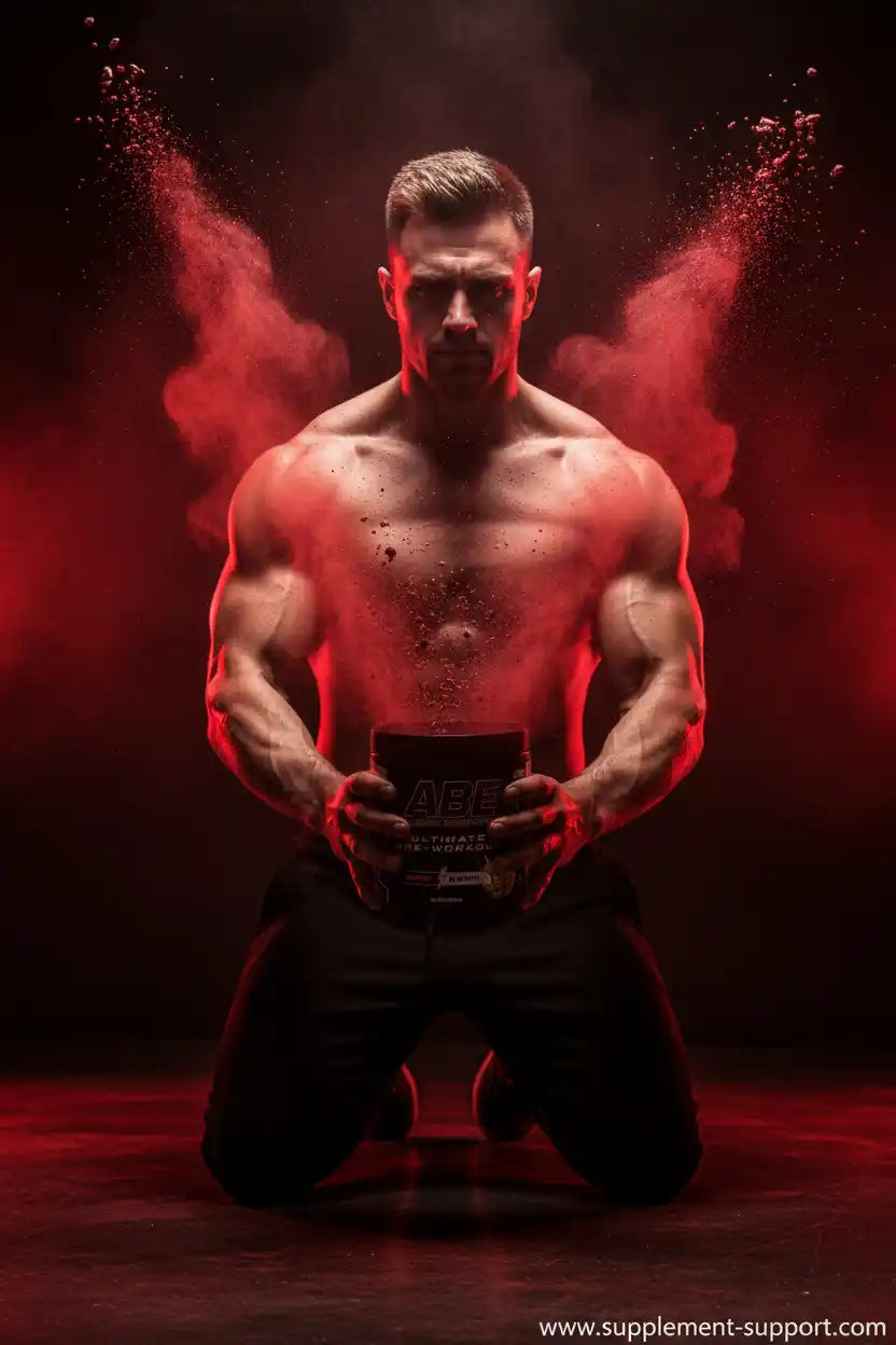Muskulöser Athlet mit Pre-Workout Supplement vor rotem Hintergrund, ideal für Fitness und Sport