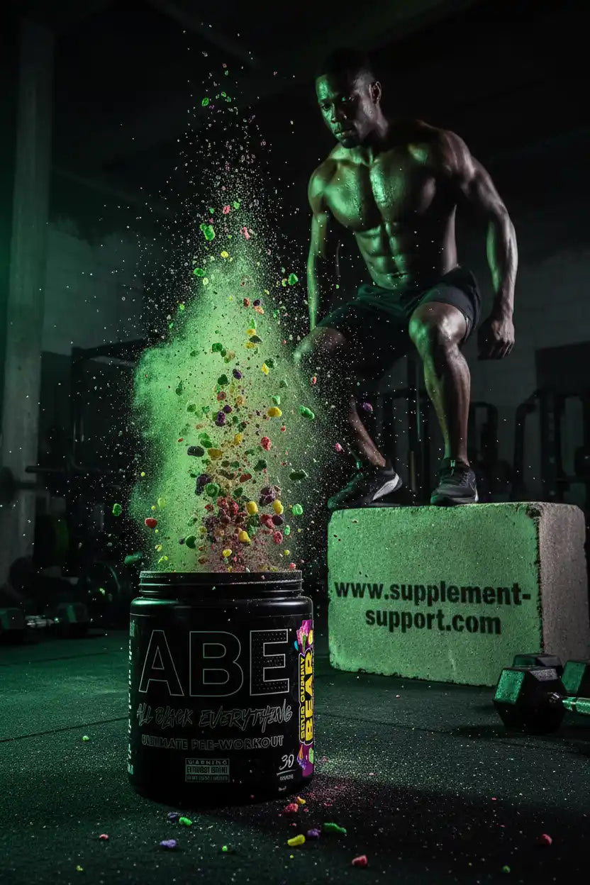 Muskelmann mit ABE Pre-Workout Pulver und farbigen Gummibären im Fitnessstudio