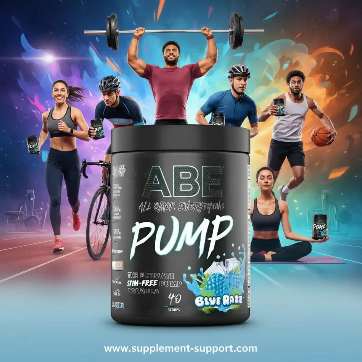 ABE Pump Booster von Applied Nutrition in Blue Razz mit Sportlern im Hintergrund.
