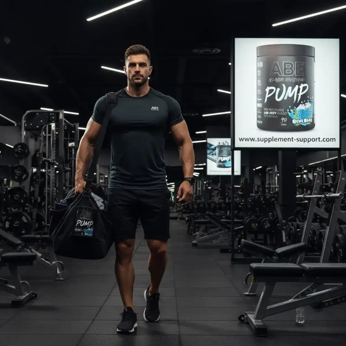 Muskulöser Mann im Fitnessstudio mit Applied Nutrition ABE Pump Booster