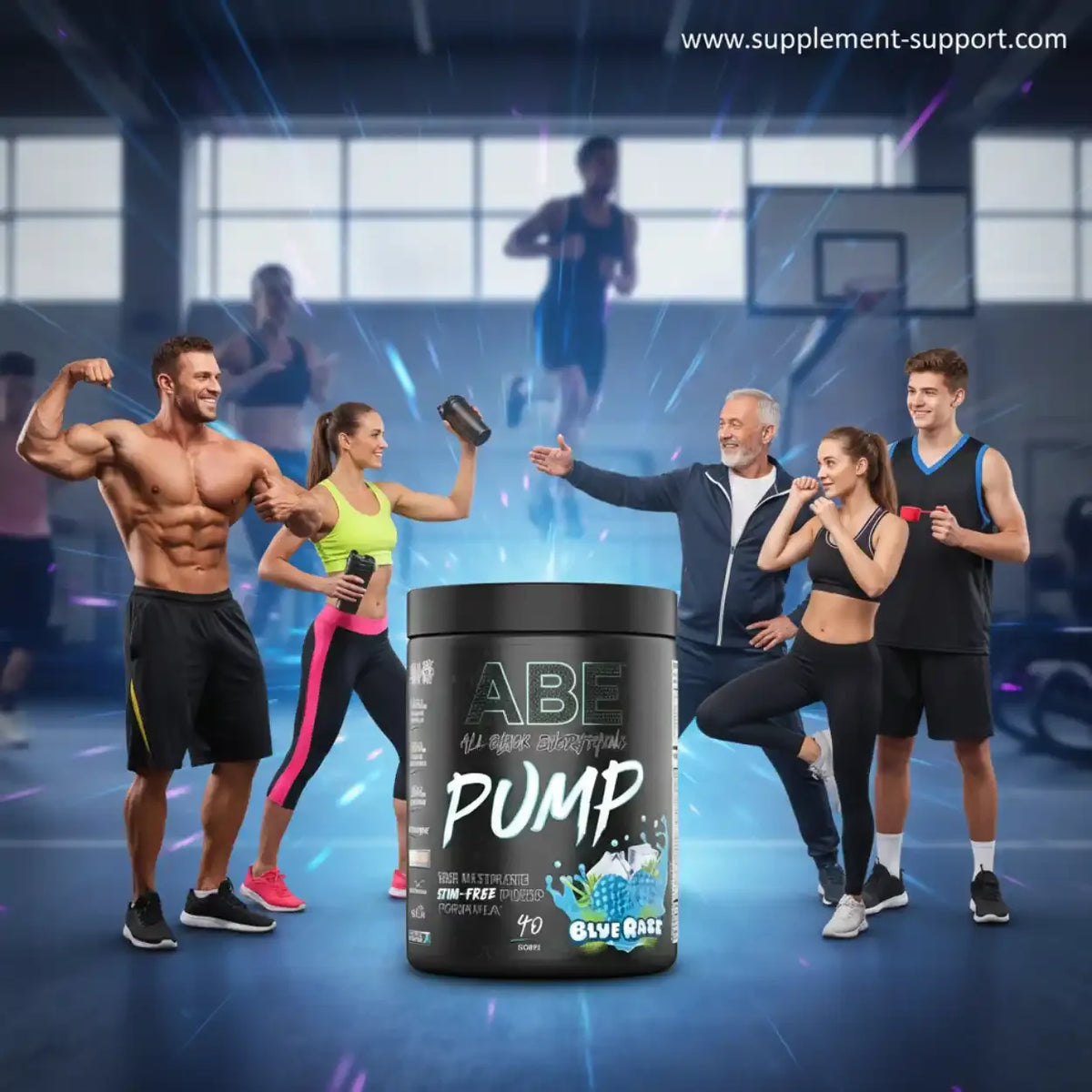 ABE Pump Booster von Applied Nutrition vor sportlichen Menschen im Fitnessstudio.