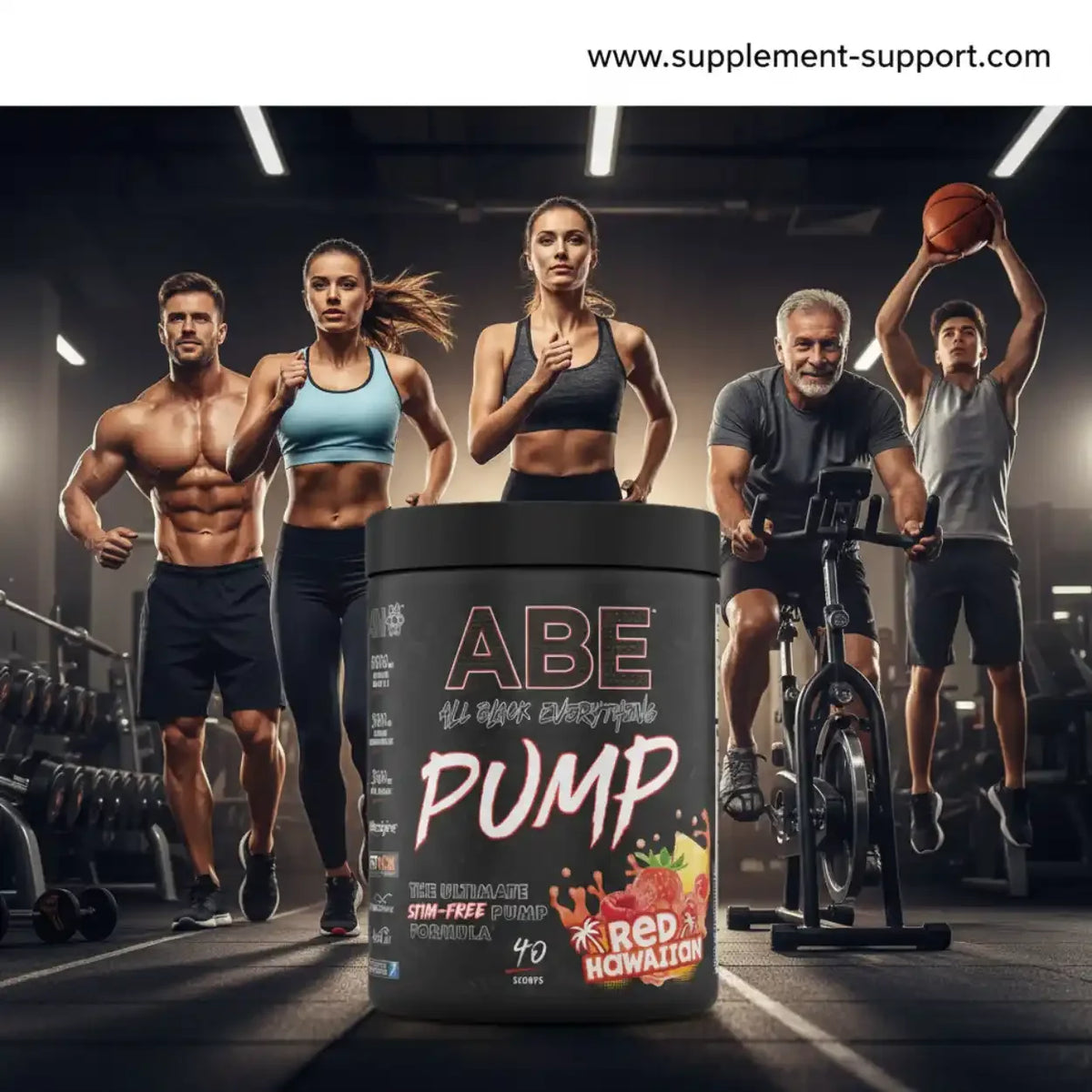 ABE Pump Booster von Applied Nutrition vor Sportlern in einem Fitnessstudio
