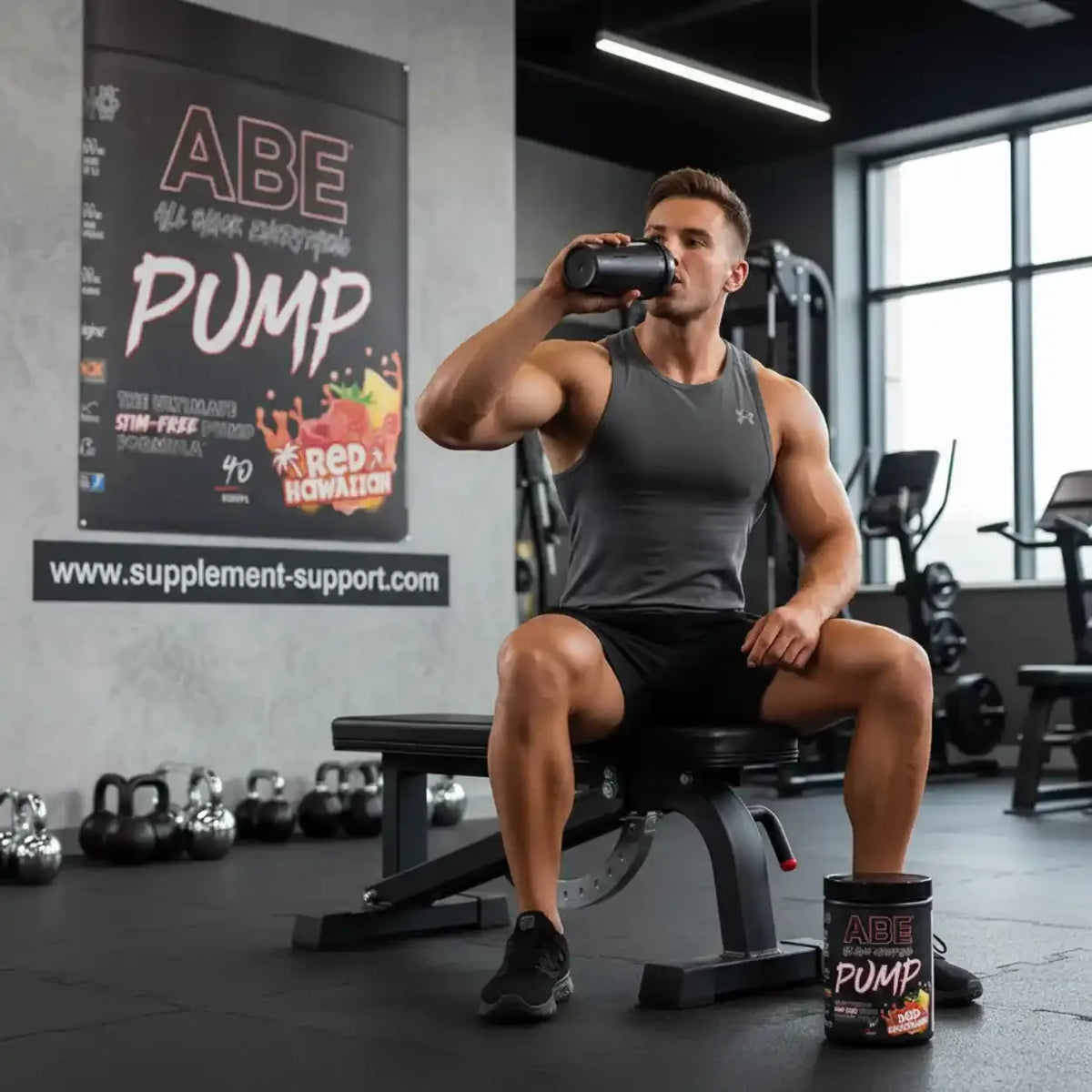 Muskulöser Mann trinkt ABE Pump Booster von Applied Nutrition im Fitnessstudio.