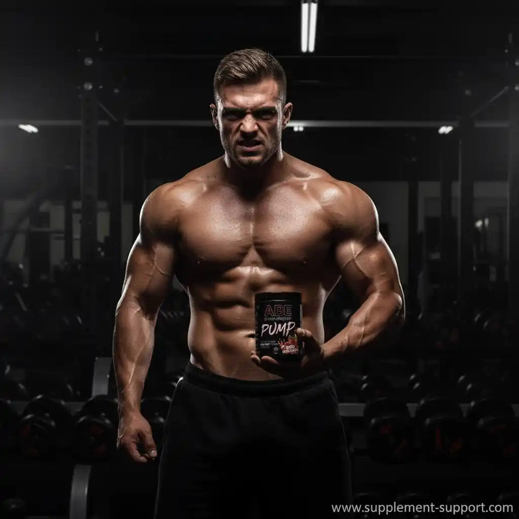 Muskulöser Mann mit ABE Pump Supplement im Fitnessstudio