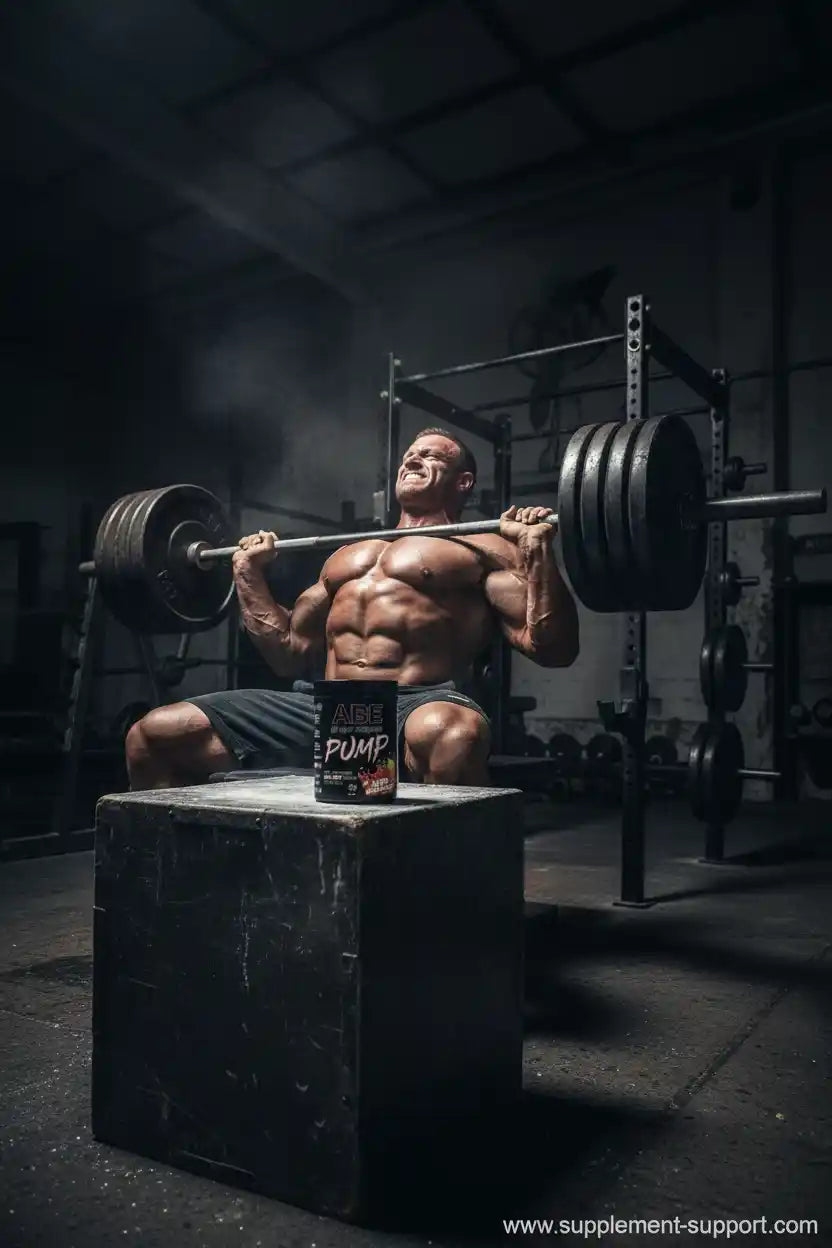 Muskulöser Athlet beim Barbell-Press mit Pre-Workout 'Pump' im Fitnessstudio