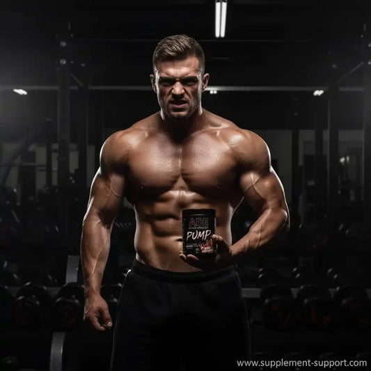 Muskulöser Mann mit ABE Pump Supplement im Fitnessstudio
