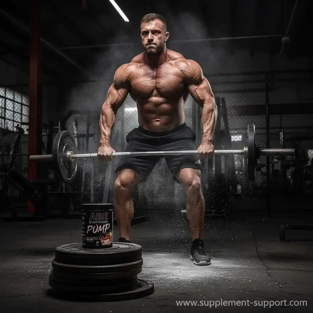 Muskulöser Athlet beim Gewichtheben mit ABE Pump Prä workout Supplement im Fitnessstudio