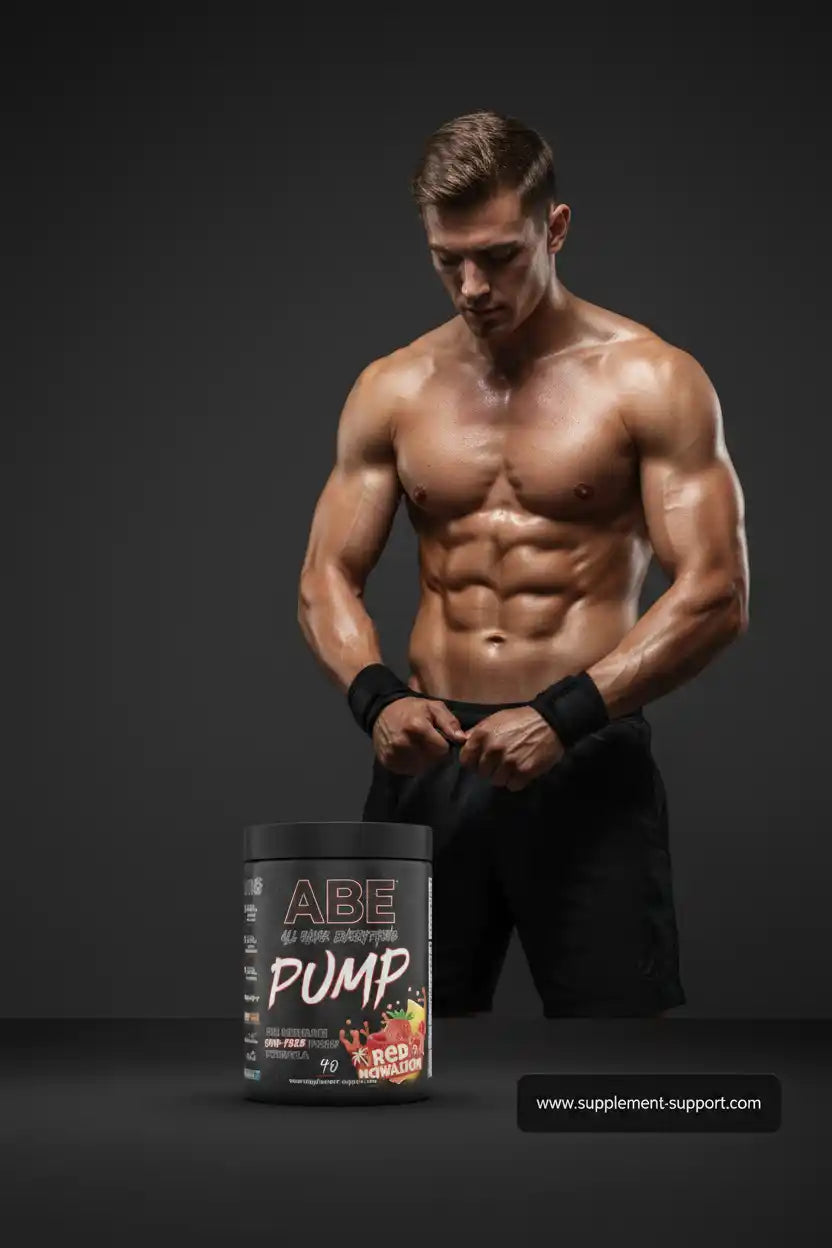 Muskulöser Mann mit ABE Pump Pre-Workout Supplement für Fitness und Sport