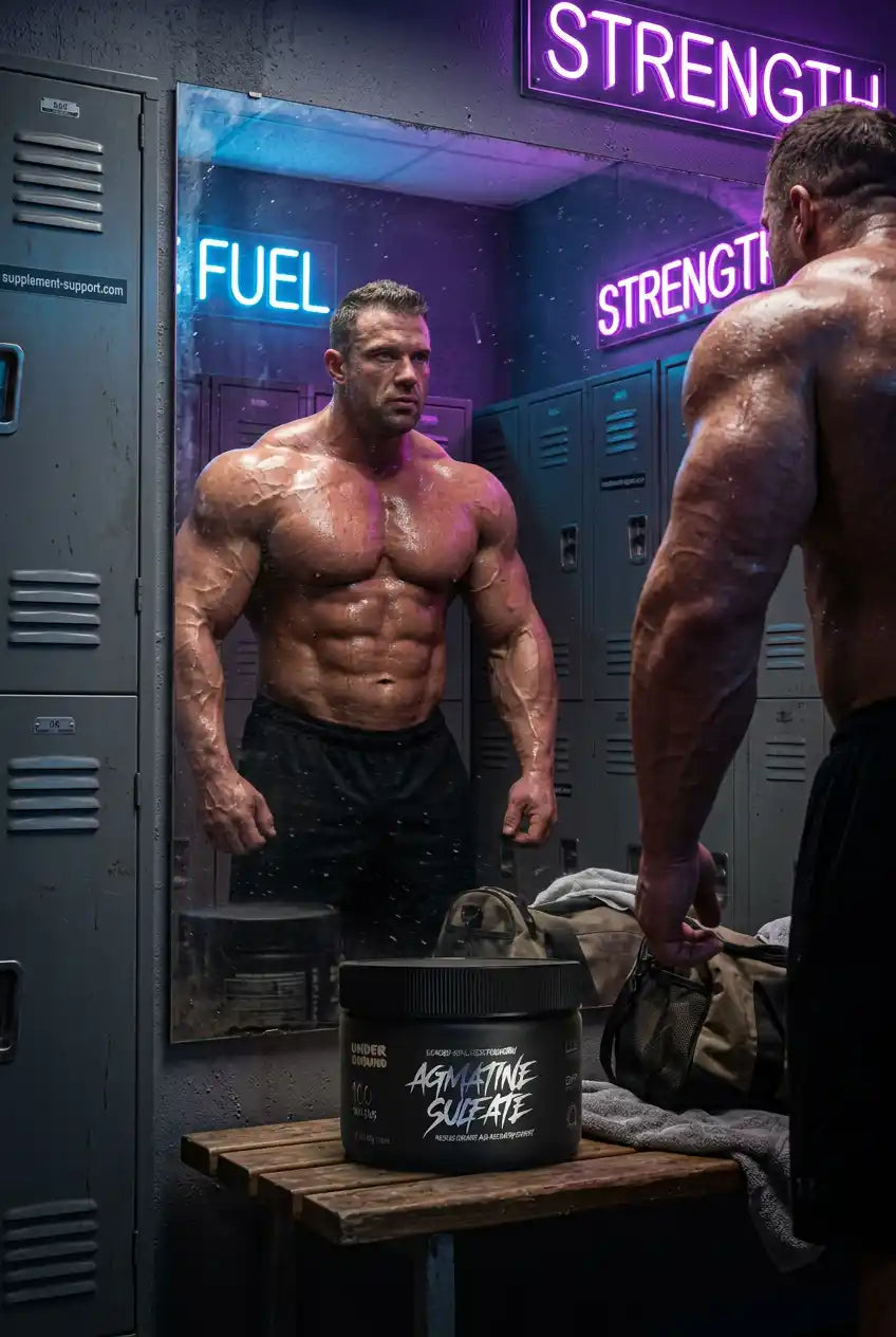 Muskulöser Bodybuilder im Fitnessstudio vor Undergrund Labs Agmatine Sulfate Pump Booster.