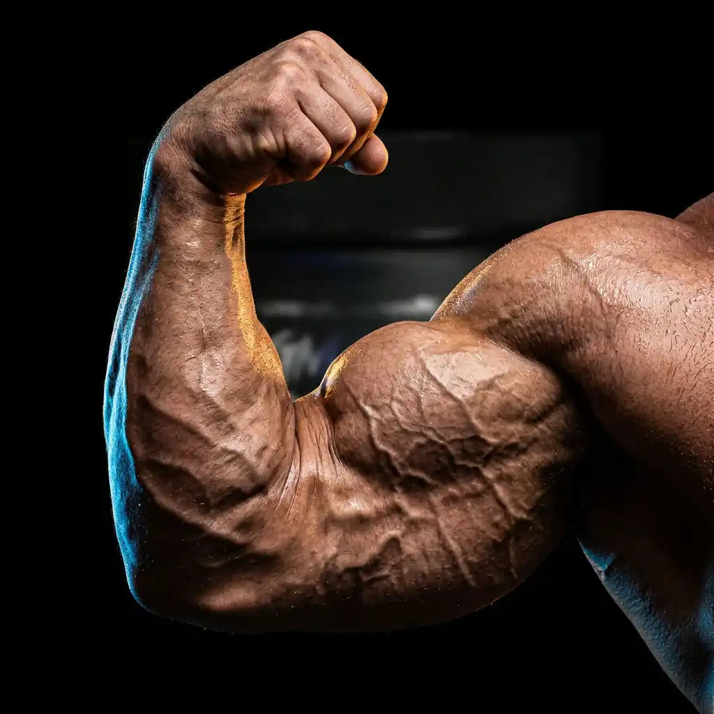 Muskulöser Bizeps eines Bodybuilders mit starker Vaskularität für Undergrund Labs Pump Booster