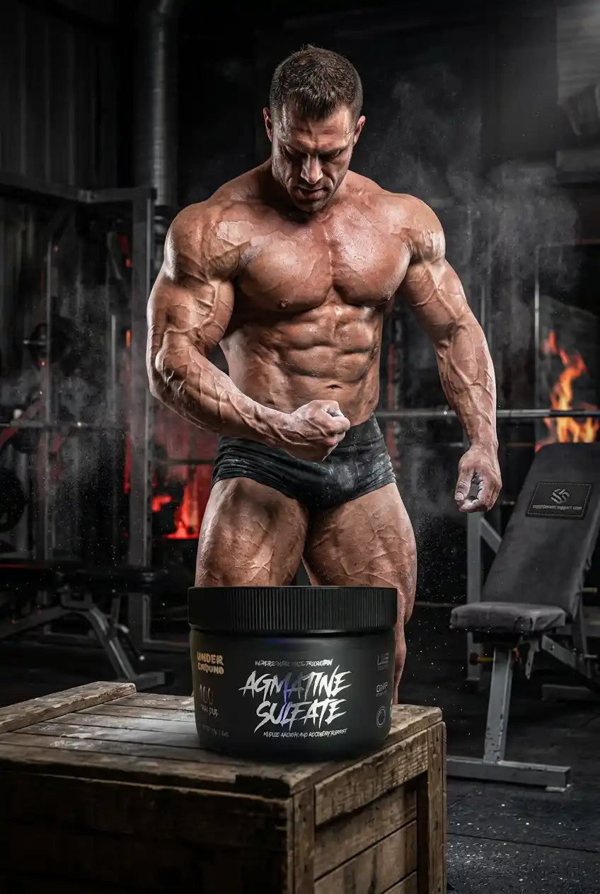 Muskulöser Bodybuilder hinter einer Dose Undergrund Labs Agmatine Sulfate Pre-Workout Booster.
