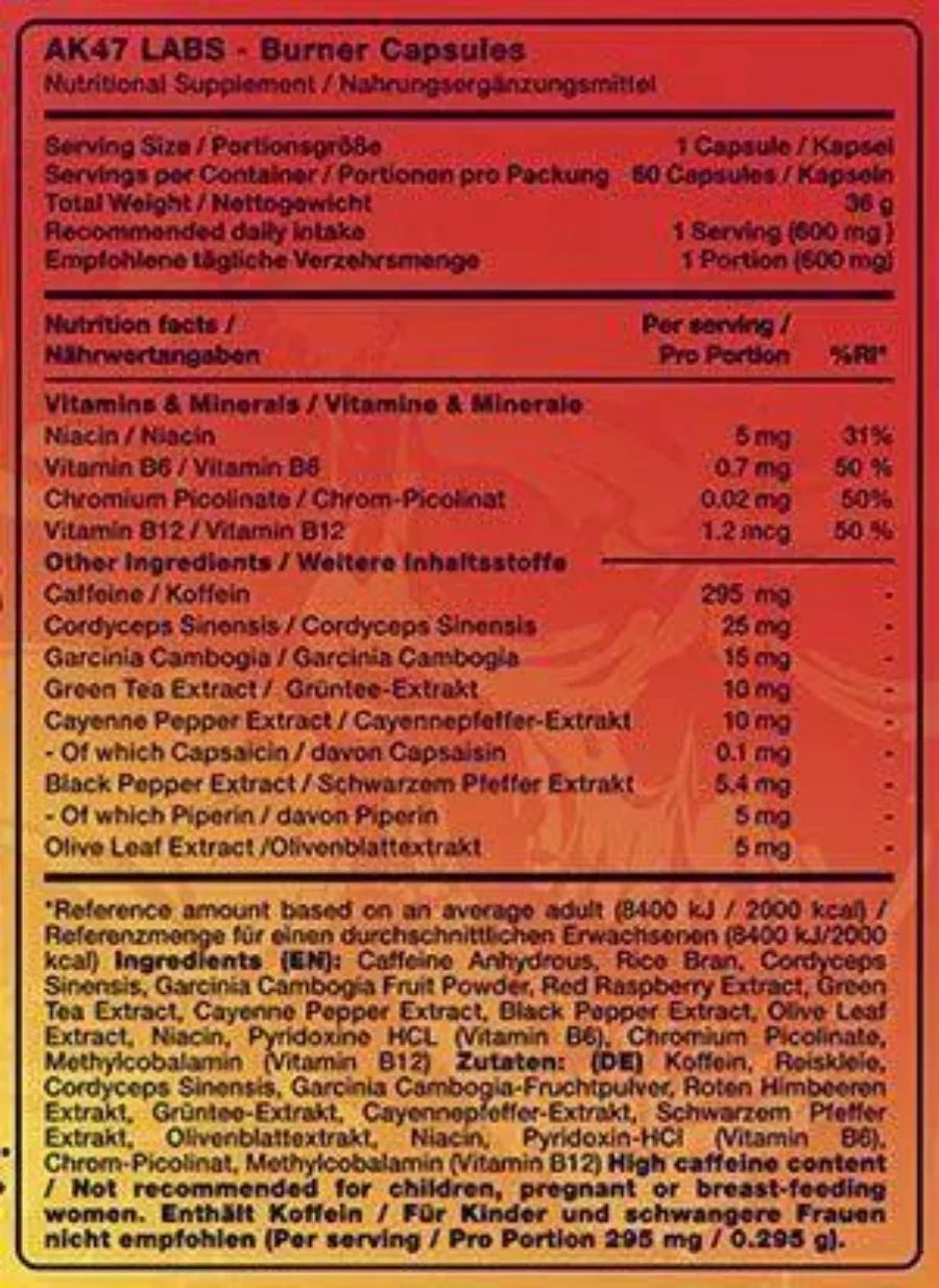 AK47 Labs Burner Capsules Nährwertangaben mit Koffein, Vitaminen & Extrakt für Sportler und Fitness