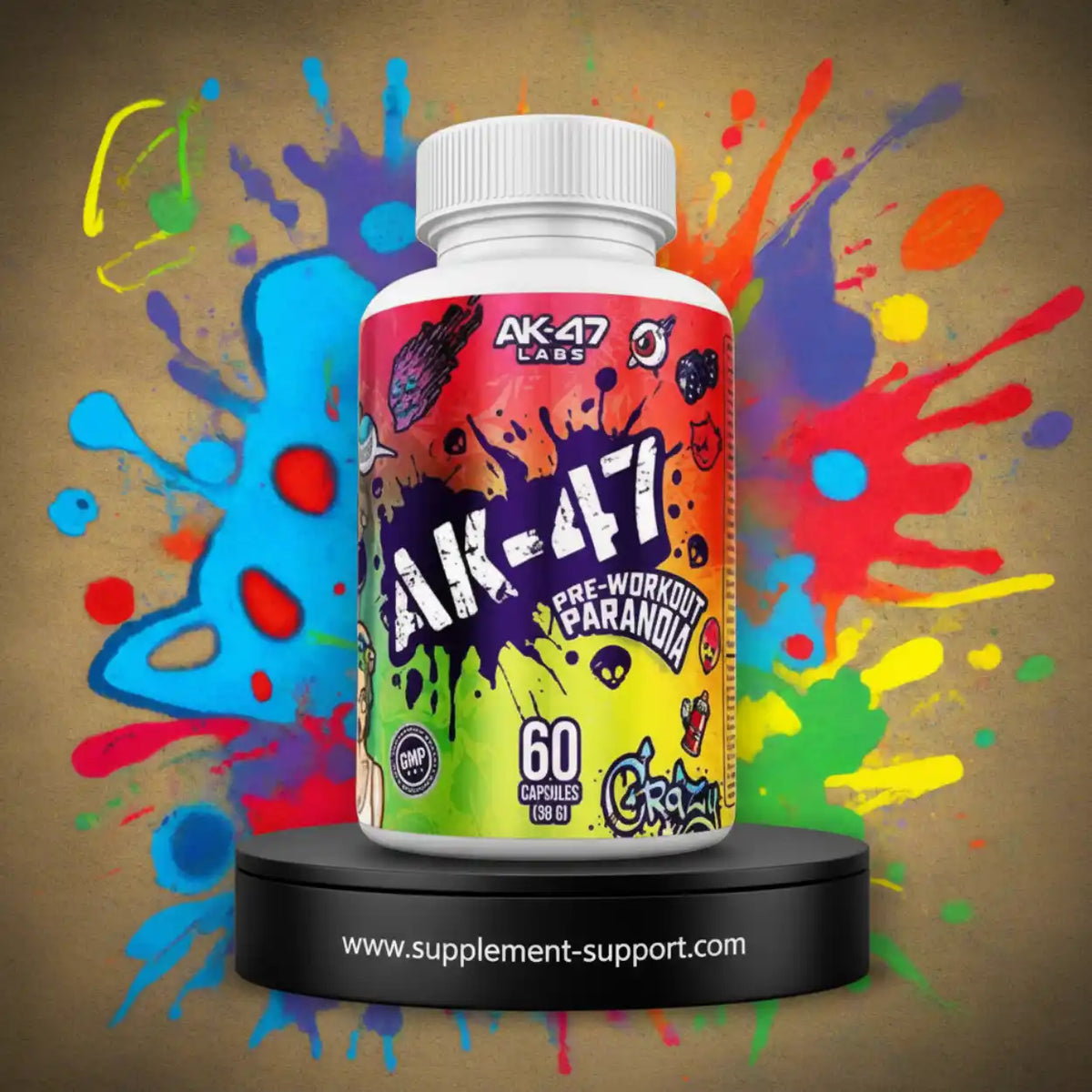 AK-47 Labs Pre-Workout Paranoia Nahrungsergänzungsmittel Dose vor buntem Graffiti-Hintergrund