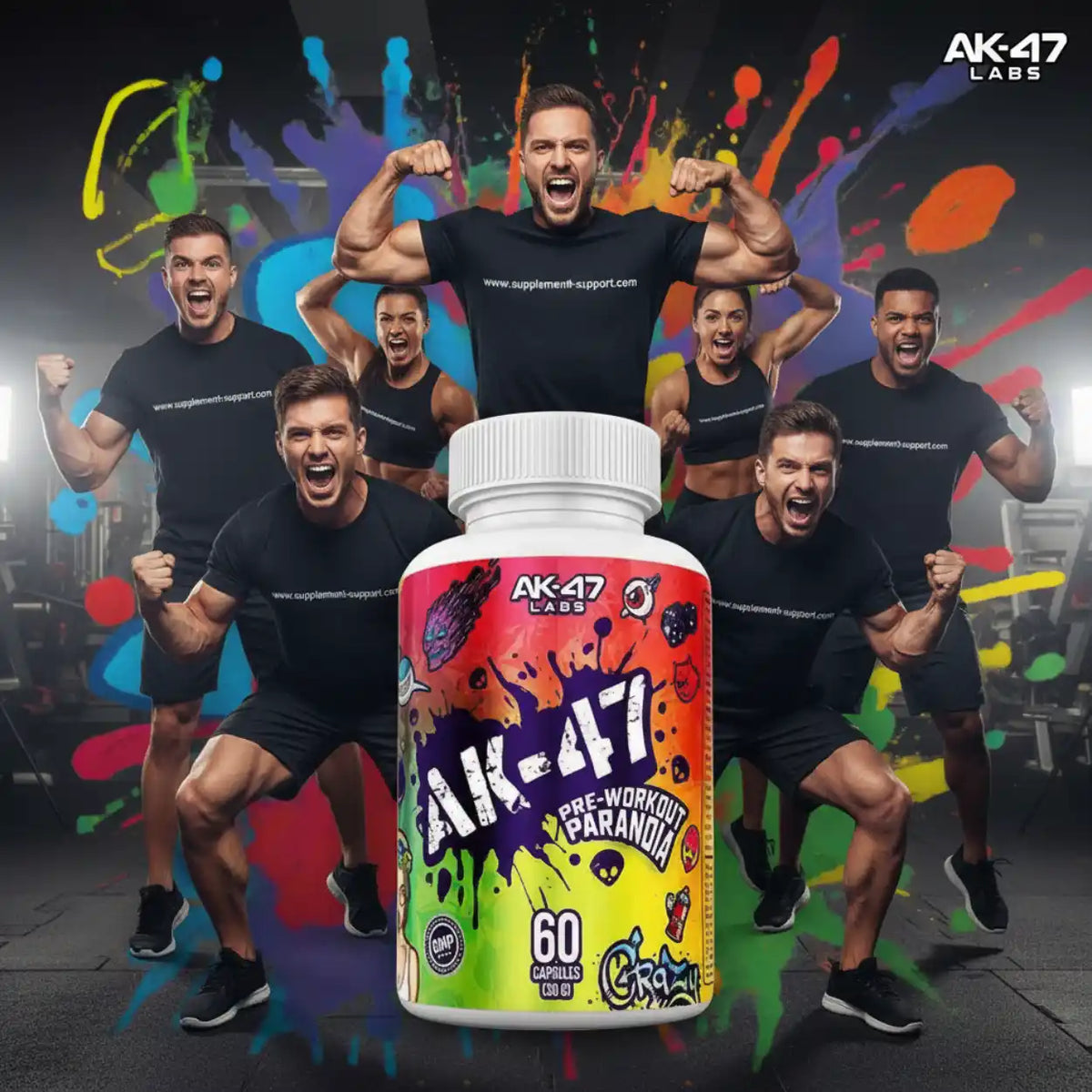 AK-47 Labs Pre-Workout Parandia Nahrungsergänzungsmittel vor muskulösen Sportlern
