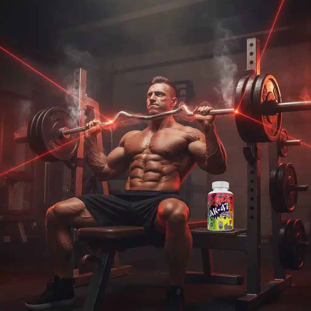 Muskulöser Mann beim Gewichtheben mit BCAA-Präparat im Fitnessstudio, ideal für Sportler und Fitness-Enthusiasten.