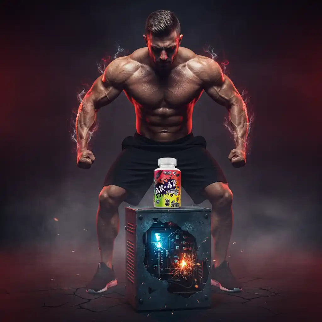 Muskulöser Athlet mit Nahrungsergänzungsmittel vor futuristischem Hintergrund – ideal für Fitness & Sport