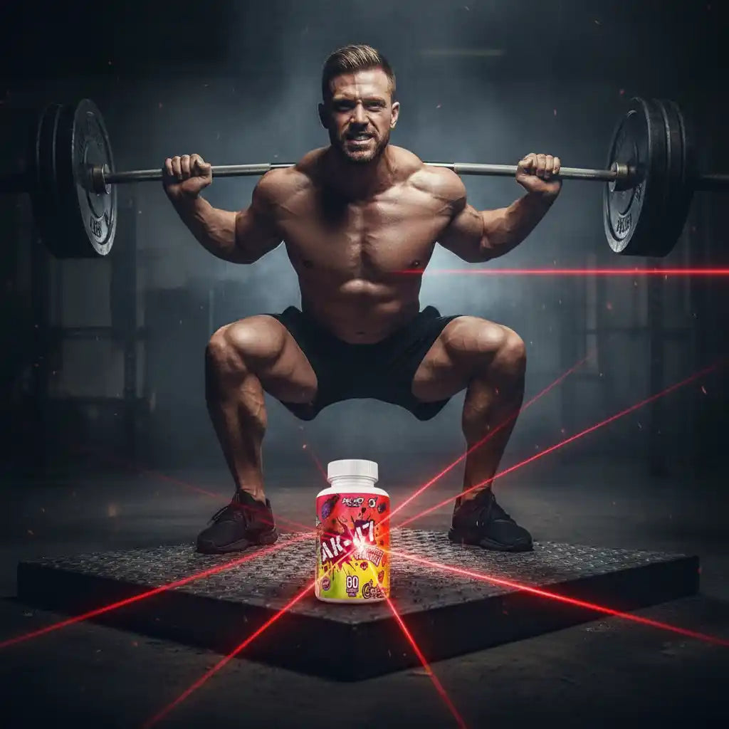 Muskulöser Athlet mit Hantel und AK-47 Pre-Workout vor roten Laserstrahlen im Fitnessstudio