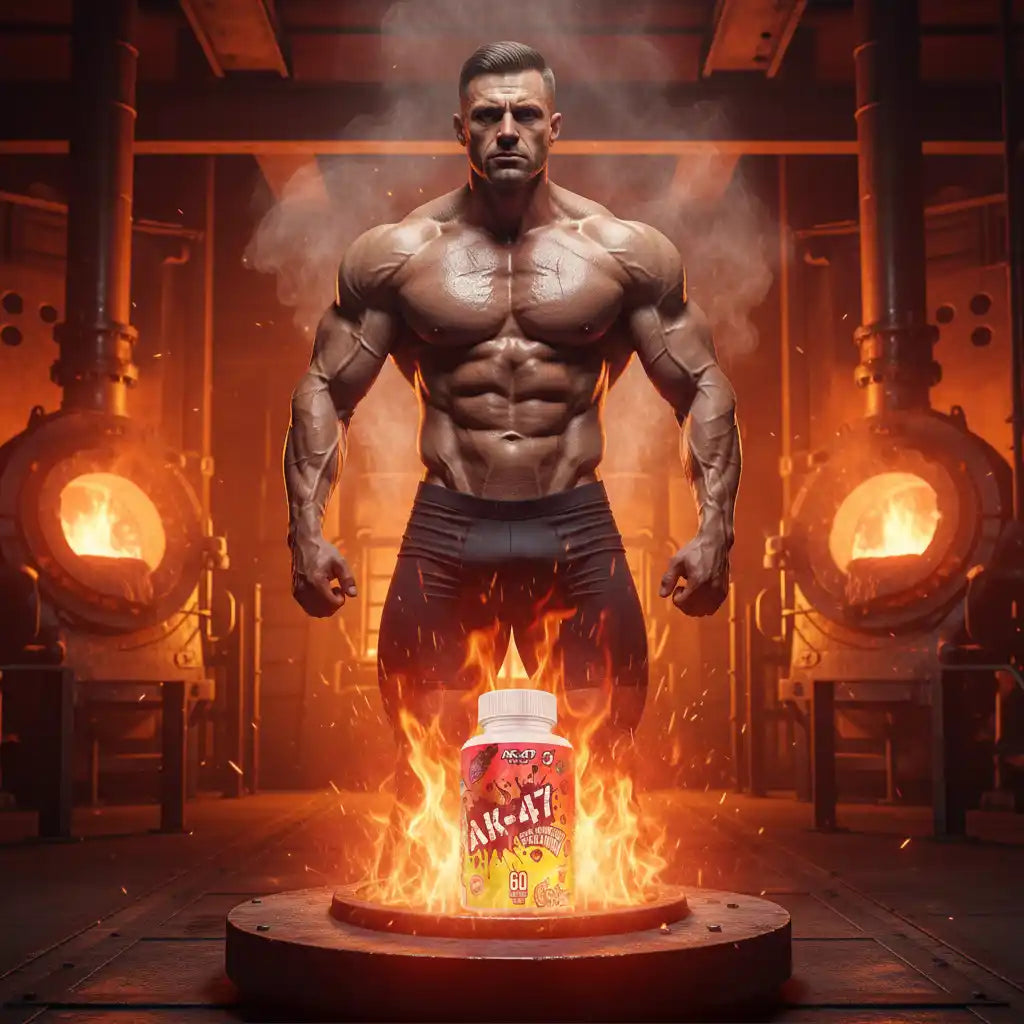 Muskulöser Athlet vor brennender AK-47 Supplement-Dose – Kraft & Energie für Fitness und Sport